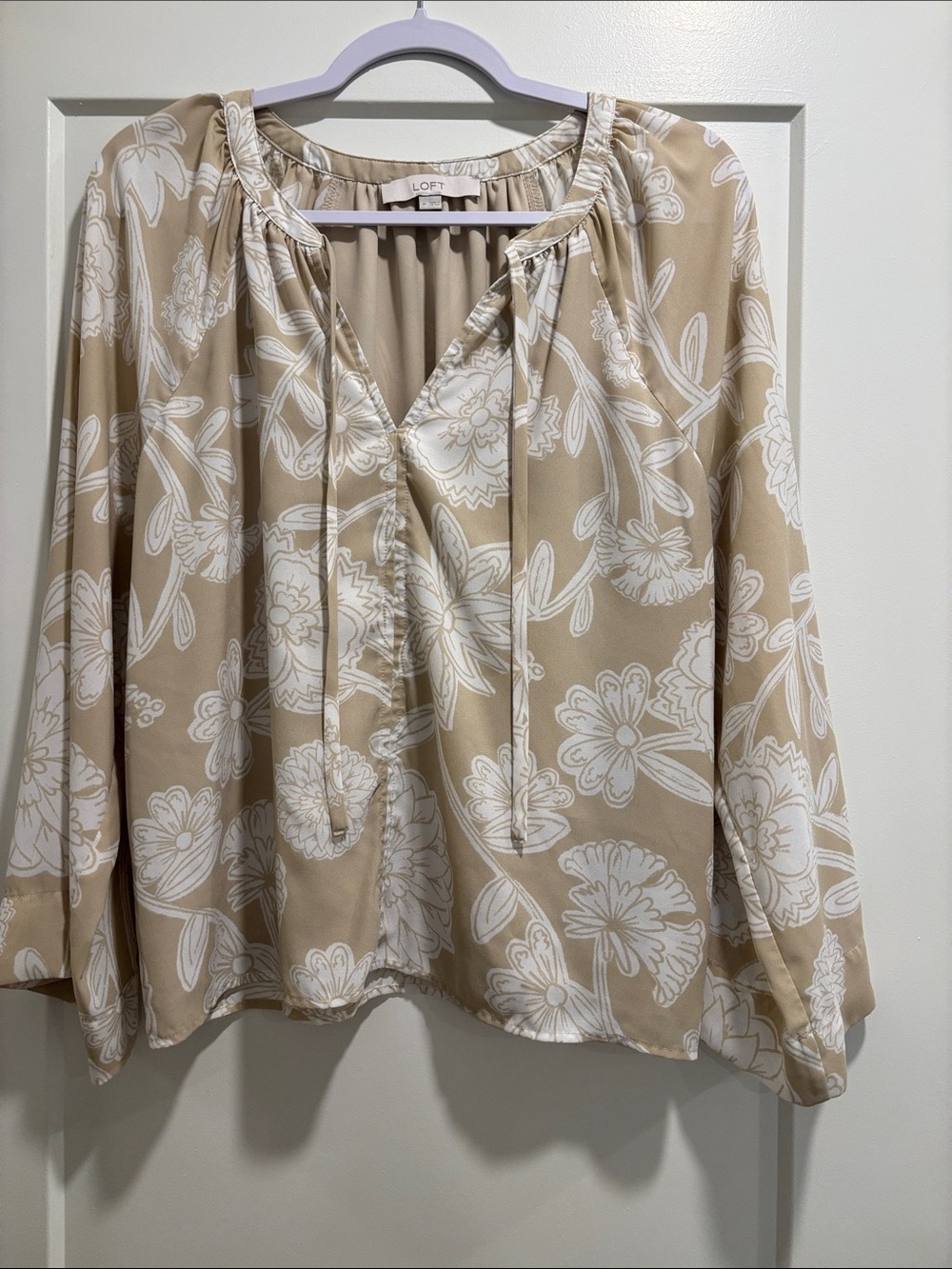 LOFT Beige and White Floral Tie-Neck Blouse